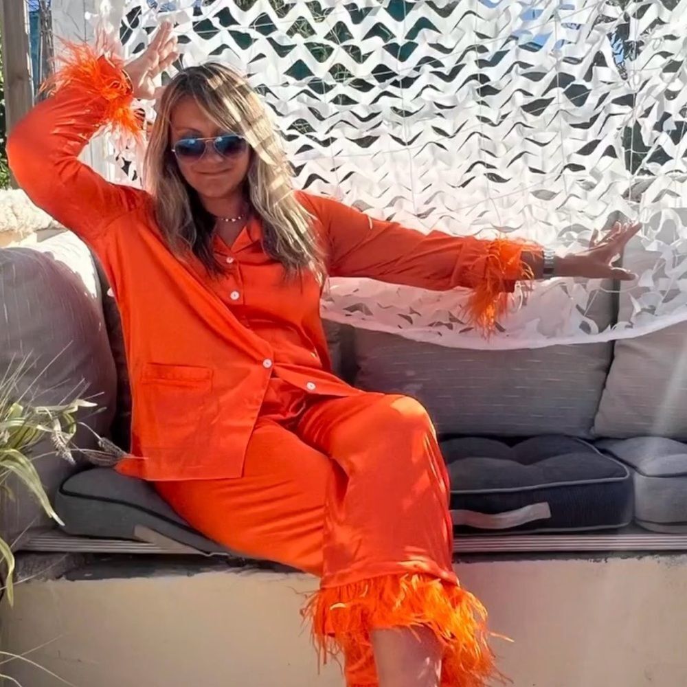 Orange Stretch Satin Pajamas BRAND NEW - Small - Detachable Orange Feathers